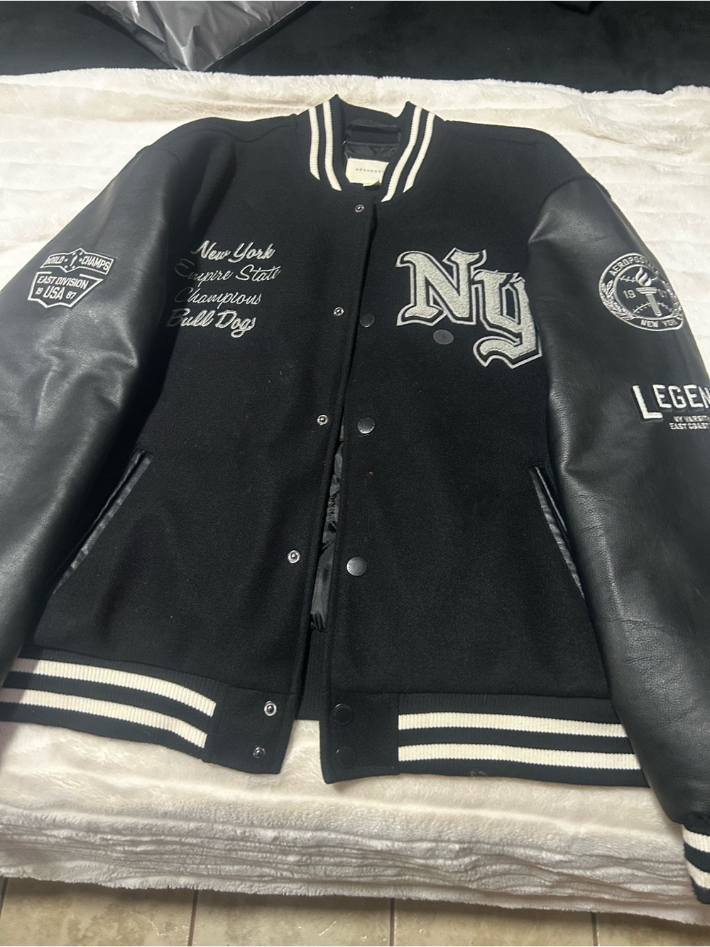 Aeropostale Black & White Varsity Bomber Jacket with NY Patch
